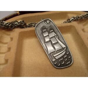 Jorgen Jensen Pewter Denmark Nordic Style Ship Chain Link Pendant Necklace